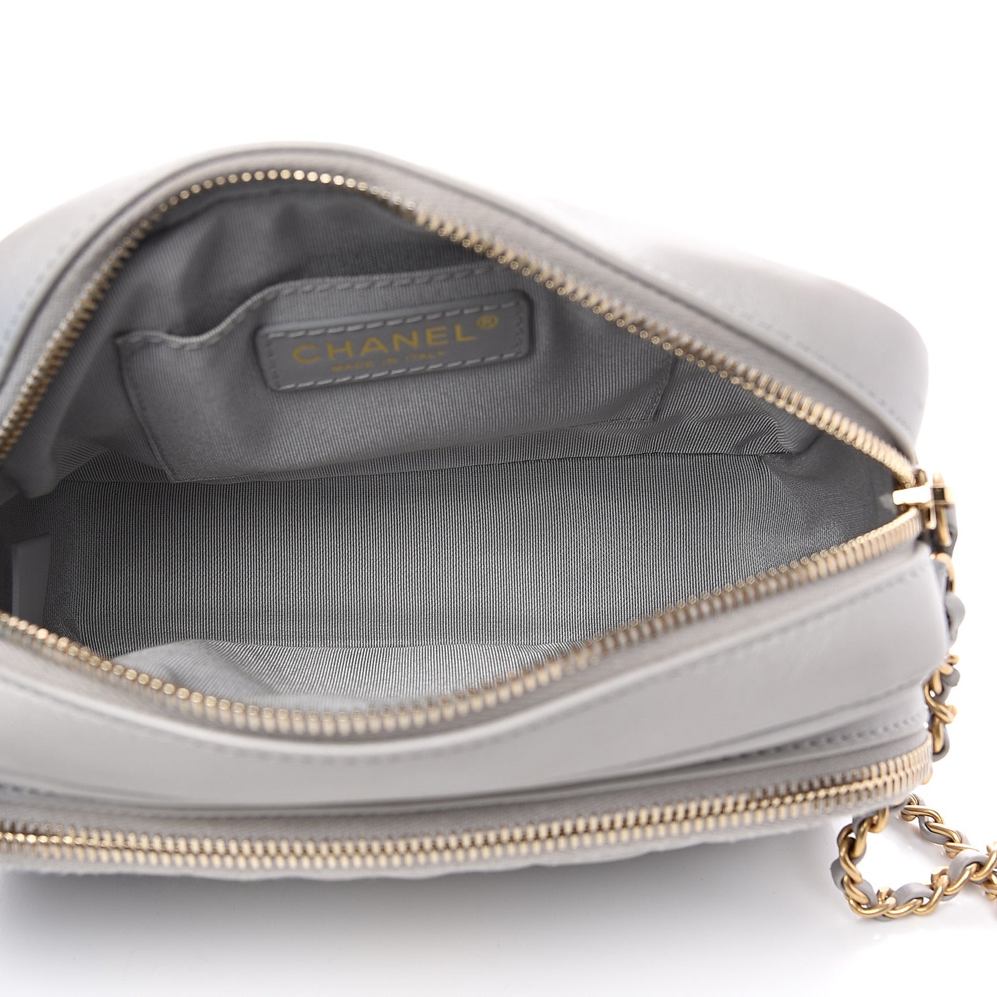 Iridescent Calfskin Quilted Day Trips Camera Case Light Grey