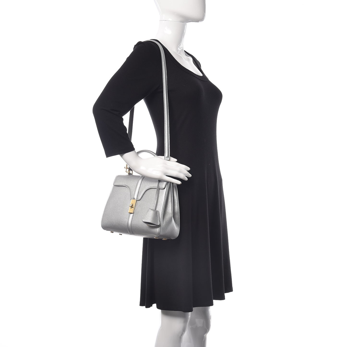 Laminated Grained Calfskin Small 16 Top Handle Bag Silver