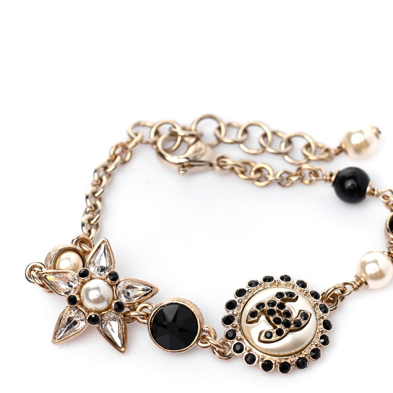 Chanel Pearl Crystal Beaded CC Bracelet Black Gold 4 of 5
