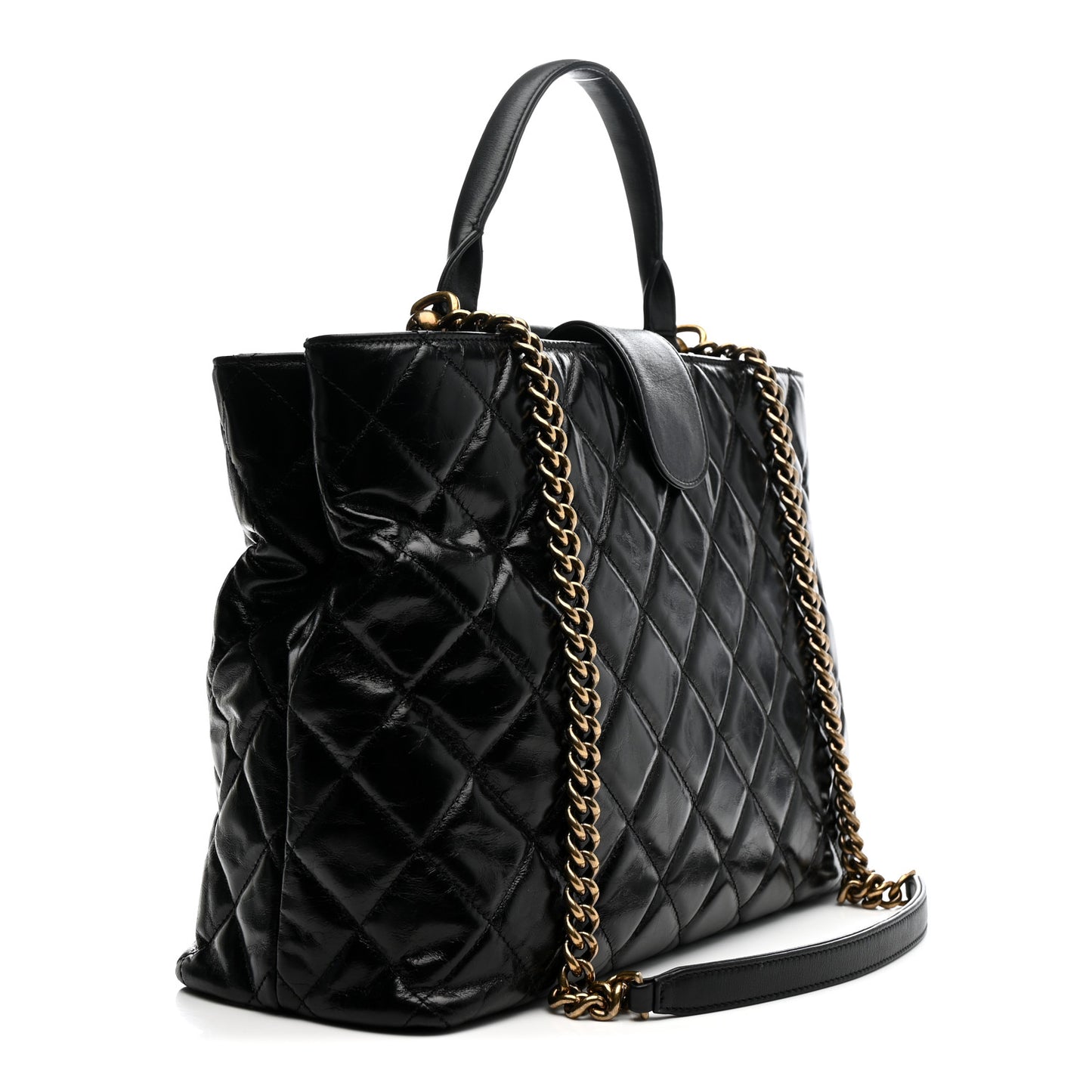 Glazed Calfskin Quilted Gold Bar Tote Black