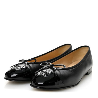 Chanel Lambskin Patent Cap Toe CC Ballerina Flats 37.5 Black 3 of 10
