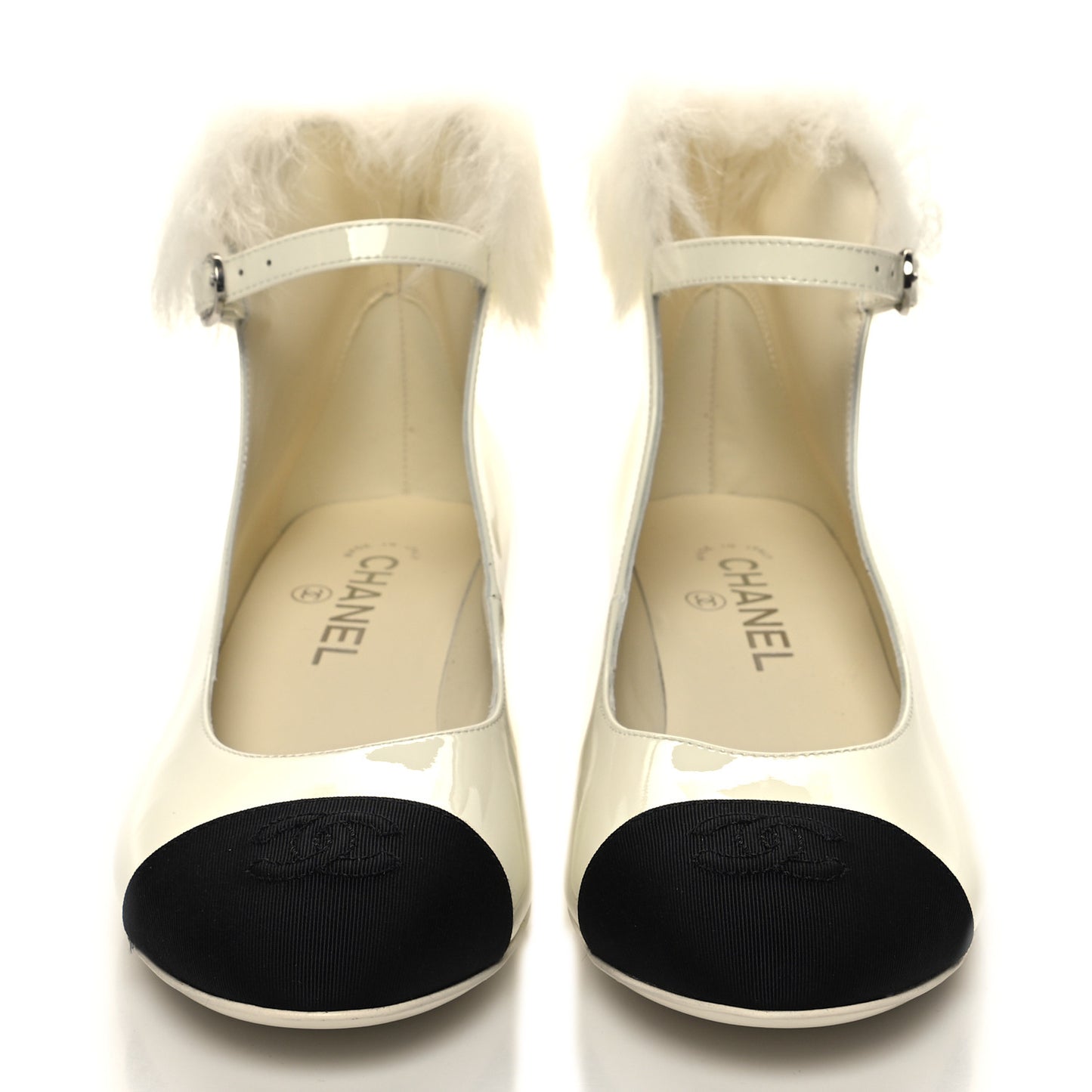 Patent Shearling Lambskin Grosgrain Cap Toe Mary Jane Low Heel Pumps 37.5 White Black