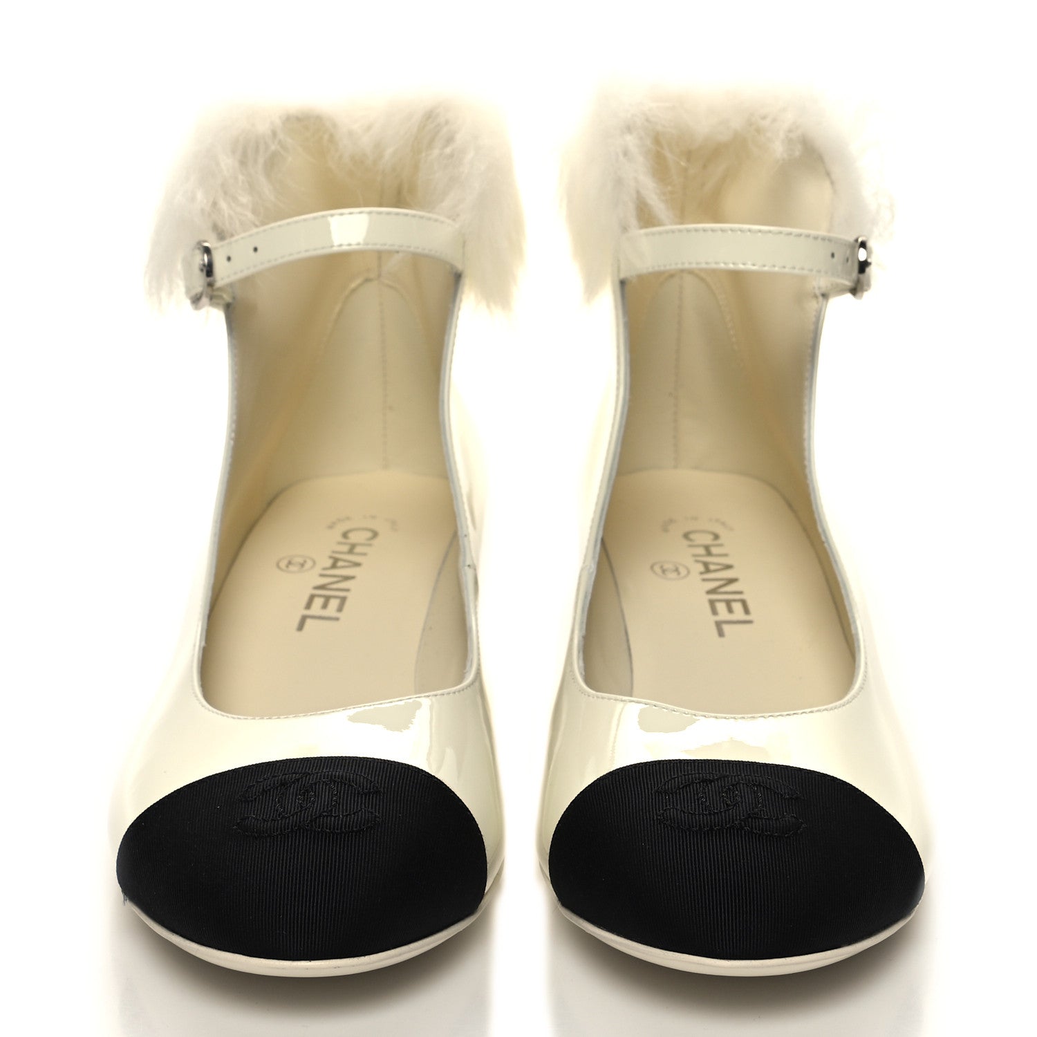 Chanel Patent Shearling Lambskin Grosgrain Cap Toe Mary Jane Low Heel Pumps 37.5 White Black 2 of 9