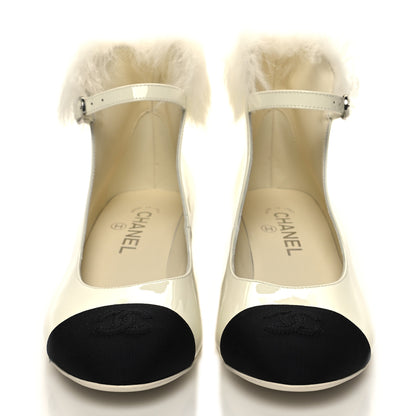 Chanel Patent Shearling Lambskin Grosgrain Cap Toe Mary Jane Low Heel Pumps 37.5 White Black 2 of 9