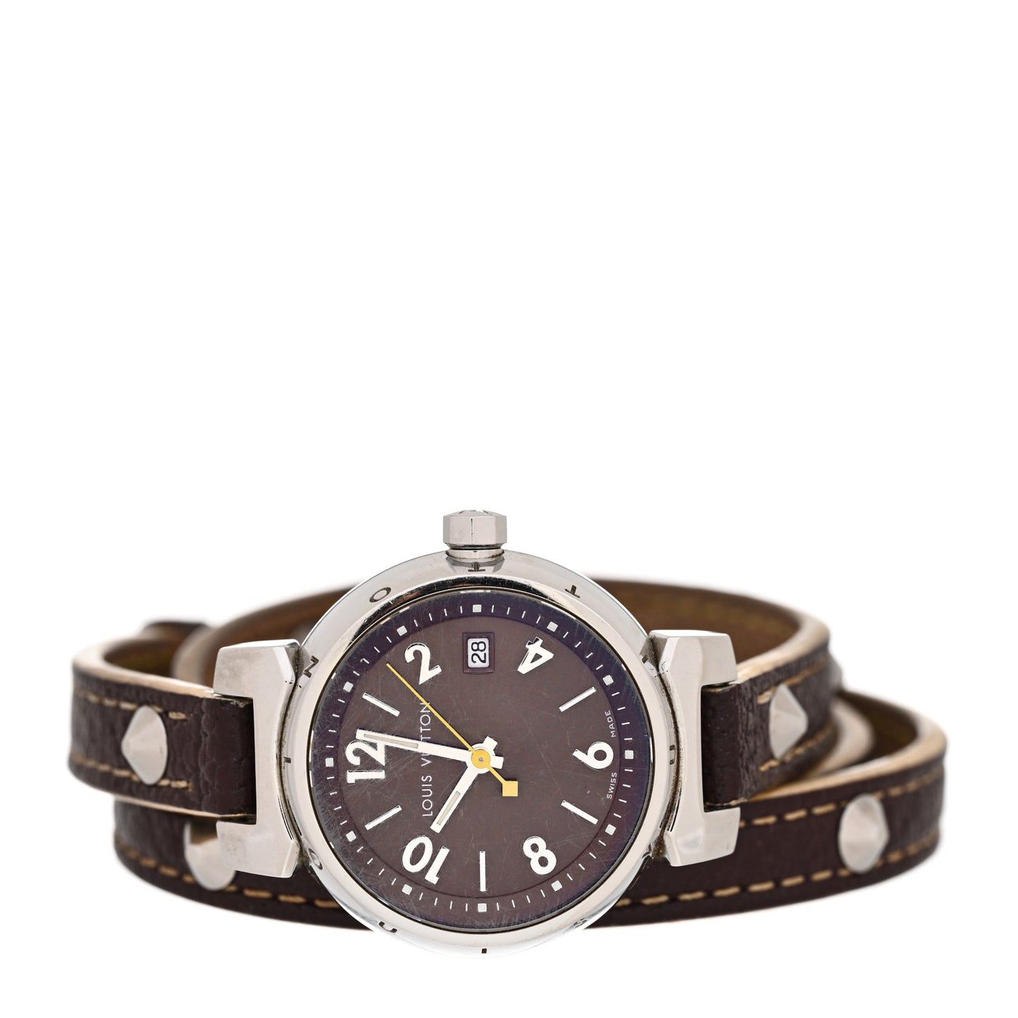 Stainless Steel Calfskin 28mm Tambour Triple Wrap Quartz Watch Brown
