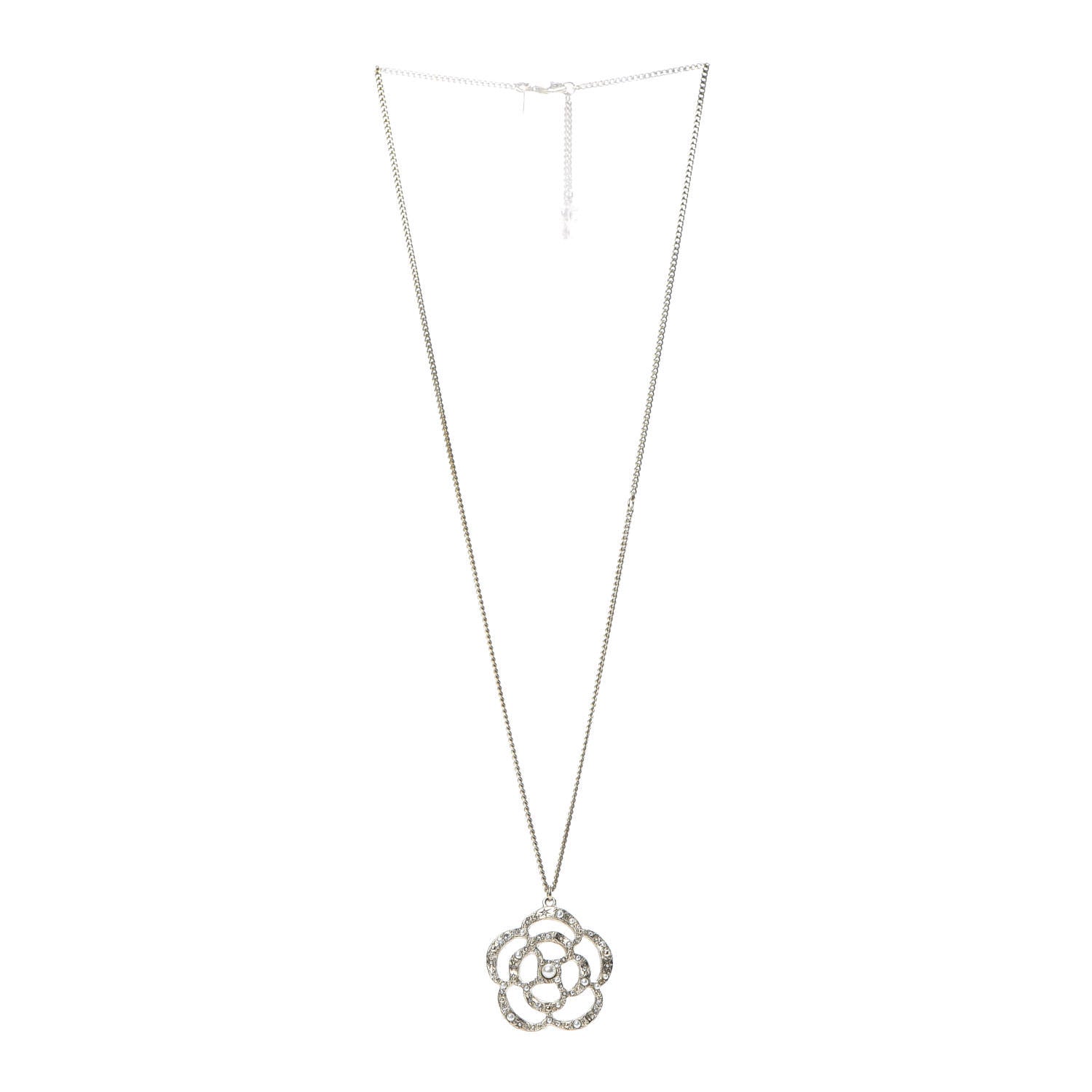 Chanel Pearl Crystal Large Camellia Pendant Necklace Light Gold 3 of 5