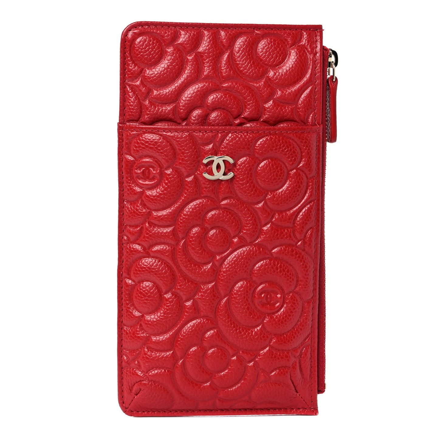 Caviar Camellia Embossed Classic Flat Wallet Pouch Red