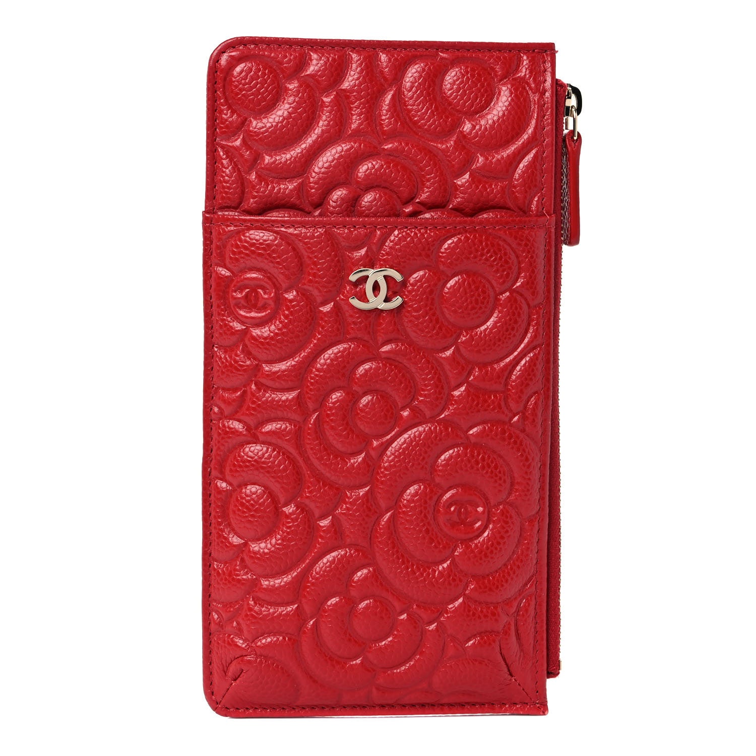 Chanel Caviar Camellia Embossed Classic Flat Wallet Pouch Red 1 of 9