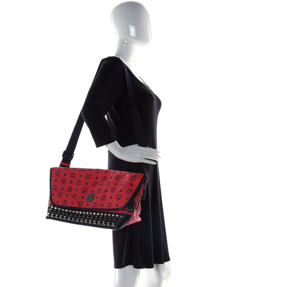 MCM X Ekocycle Monogram Coated Canvas Studded Messenger Bag Red 2 of 13