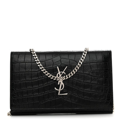 Saint Laurent Calfskin Crocodile Embossed Cassandre Wallet On Chain WOC Black 1 of 10