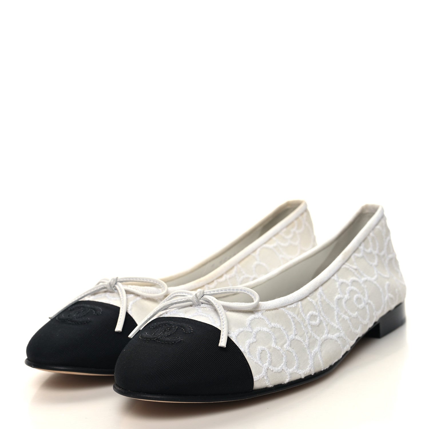 Chanel Fabric Camellia Embroidered Grosgrain Cap Toe Ballerina Flats 39.5 White Black 3 of 10