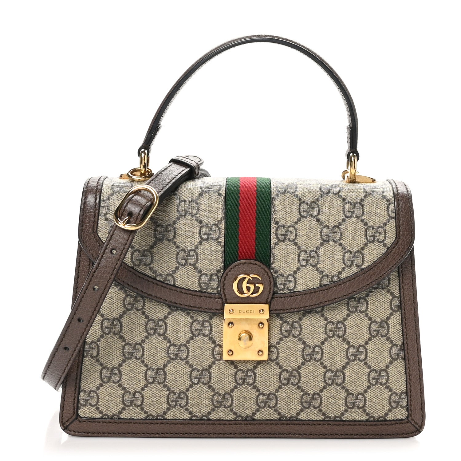Gucci GG Supreme Monogram Textured Dollar Calfskin Web Small Ophidia Padlock Top Handle Bag Beige Ebony New Acero 1 of 9