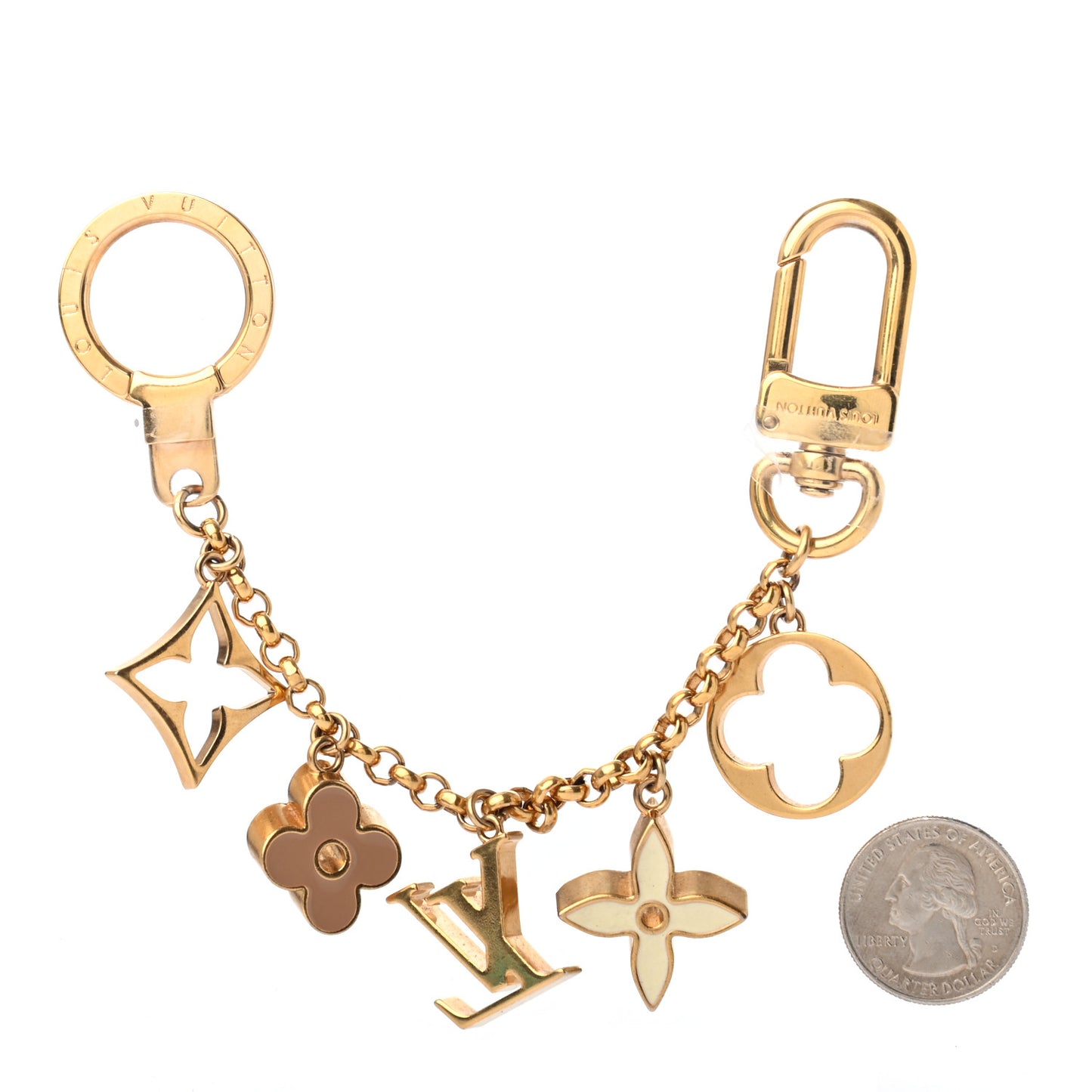 Brass Enamel Fleur De Monogram Bag Charm Chain Gold