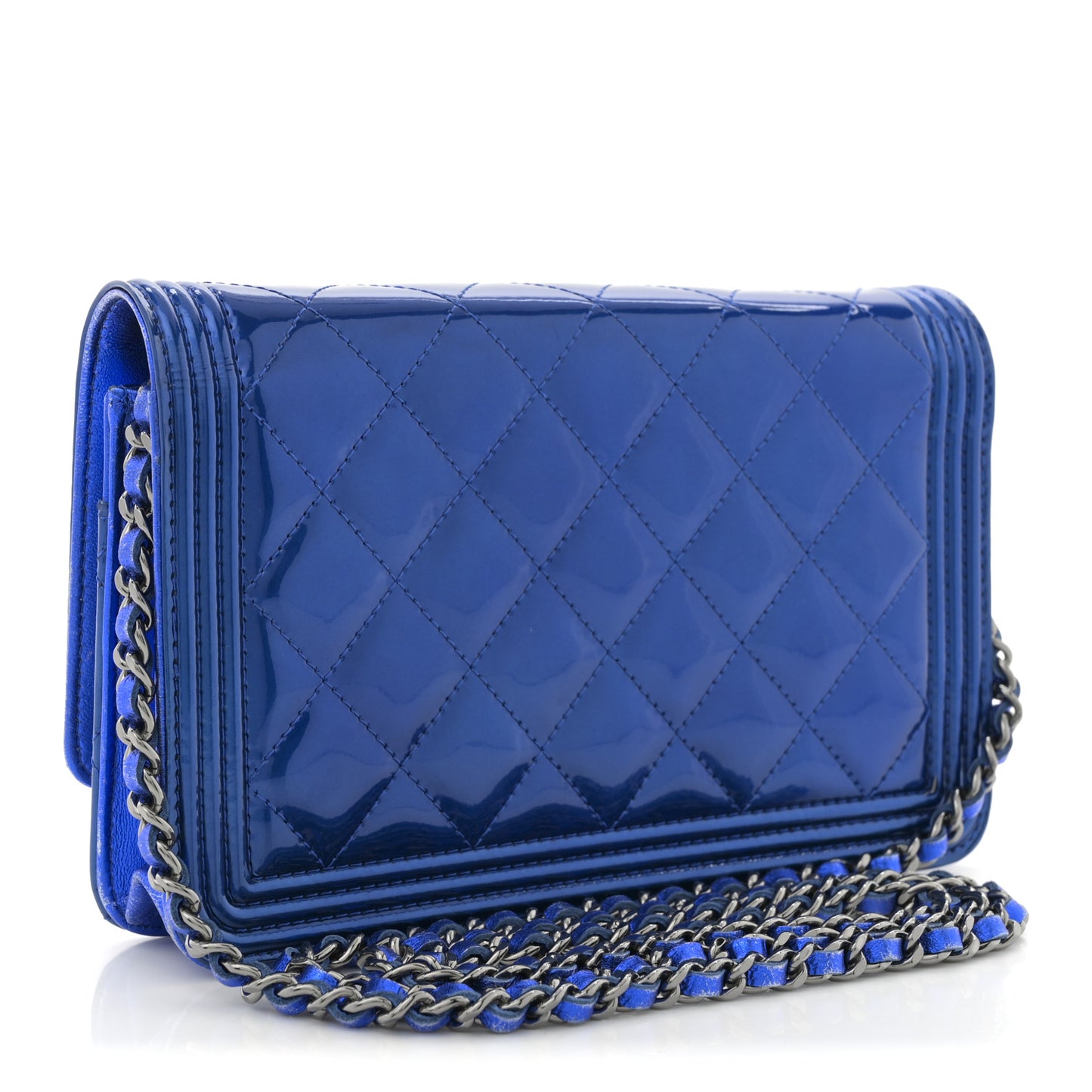 Metallic Patent Calfskin Quilted Boy Wallet on Chain WOC Blue