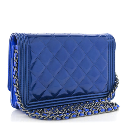 Chanel Metallic Patent Calfskin Quilted Boy Wallet on Chain WOC Blue 3 of 12