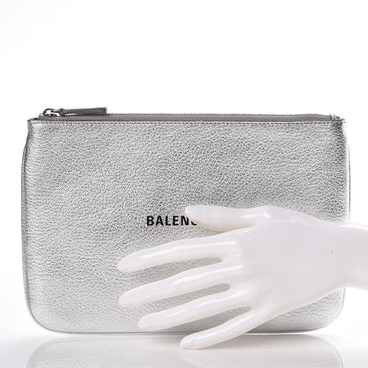 Balenciaga Metallic Goatskin Logo Large Everyday Zip Pouch Argent Black 2 of 7