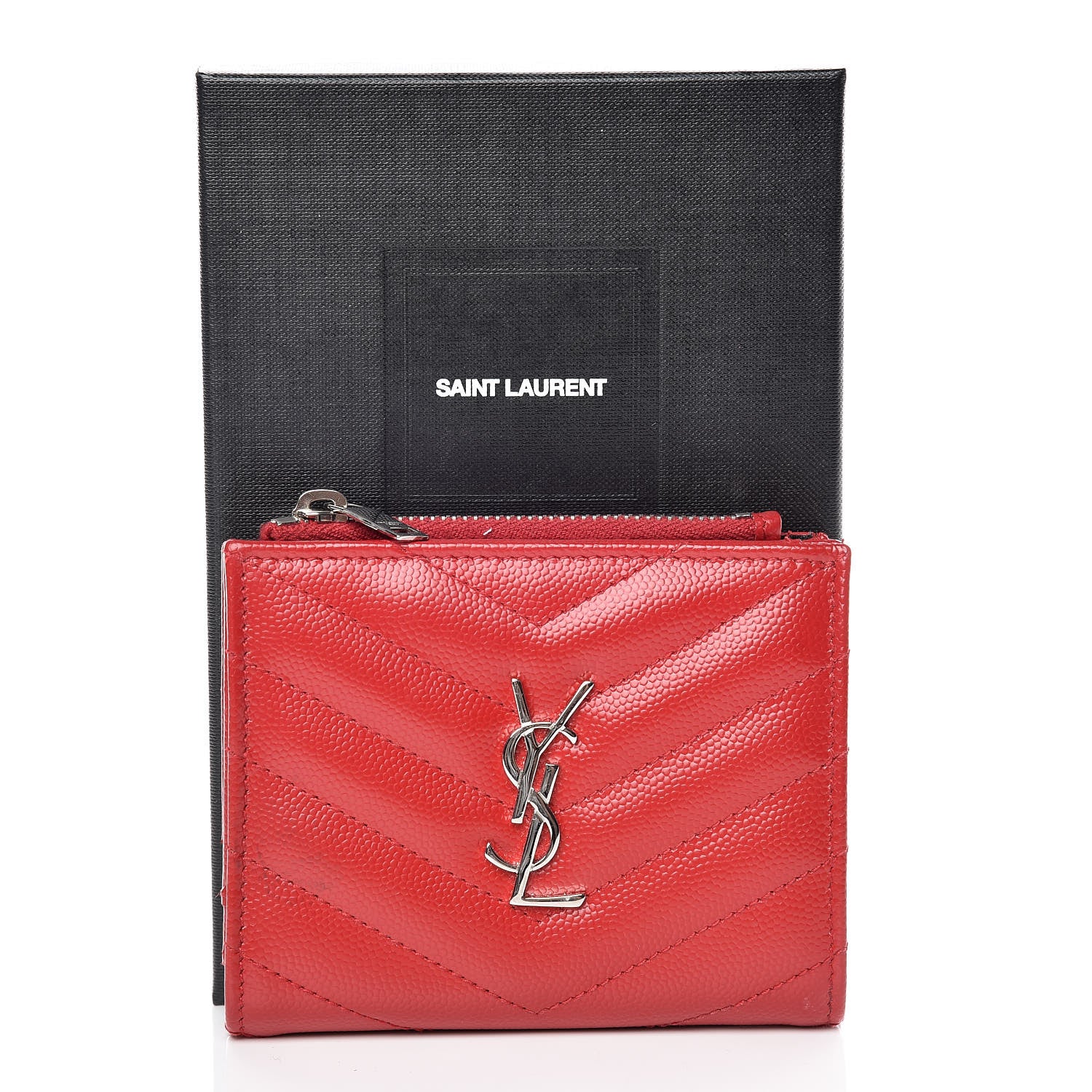 Saint Laurent Grain De Poudre Matelasse Chevron Monogram Zipped Card Case Rouge 10 of 10