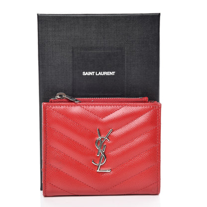 Saint Laurent Grain De Poudre Matelasse Chevron Monogram Zipped Card Case Rouge 10 of 10