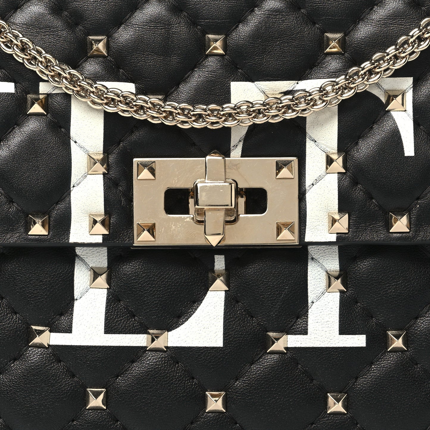 Lambskin VLTN Print Medium Rockstud Spike Shoulder Bag Black