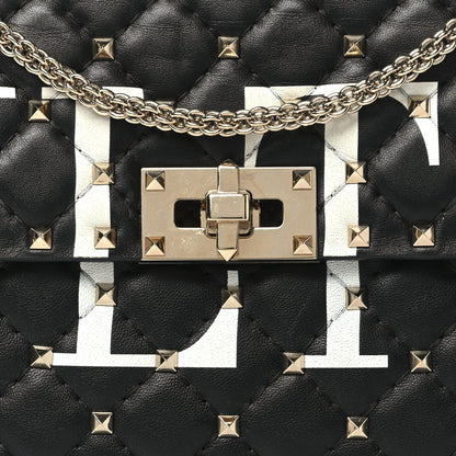 Valentino Garavani Lambskin VLTN Print Medium Rockstud Spike Shoulder Bag Black 7 of 9