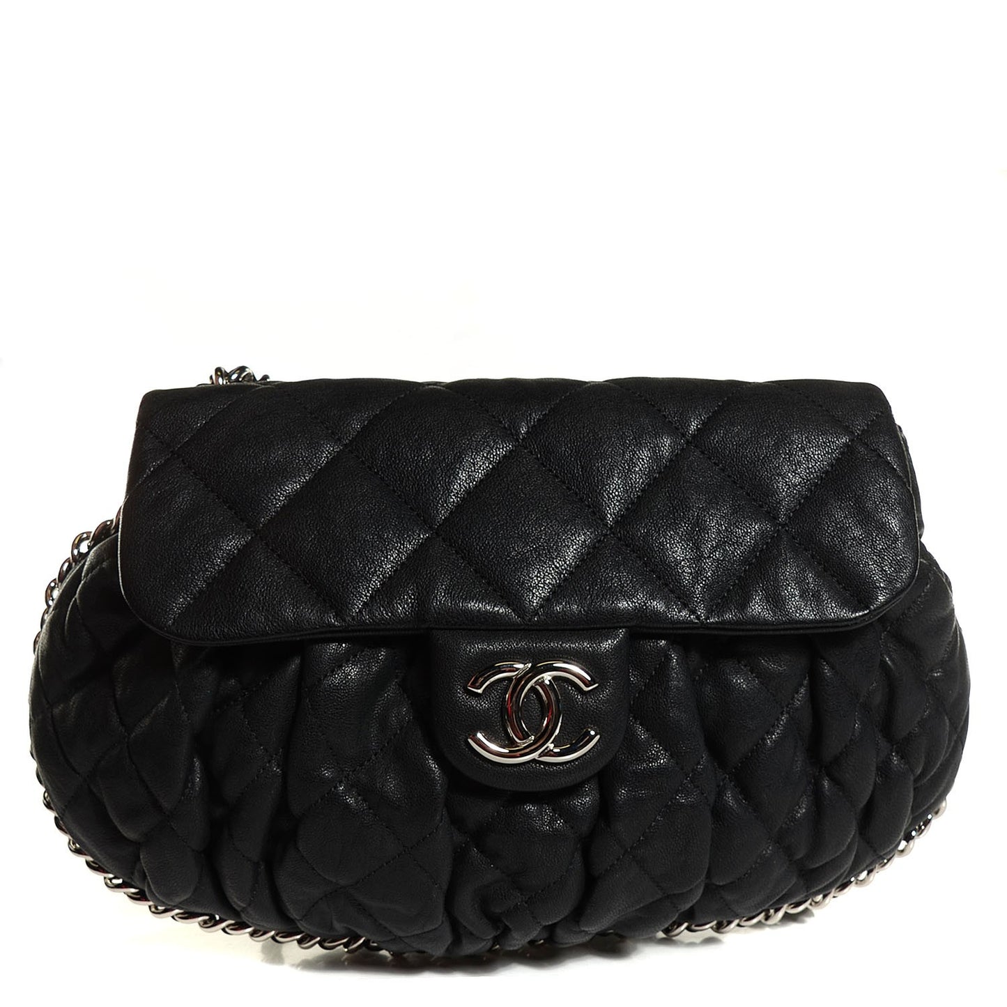 Washed Lambskin Quilted Medium Chain Around Messenger Black