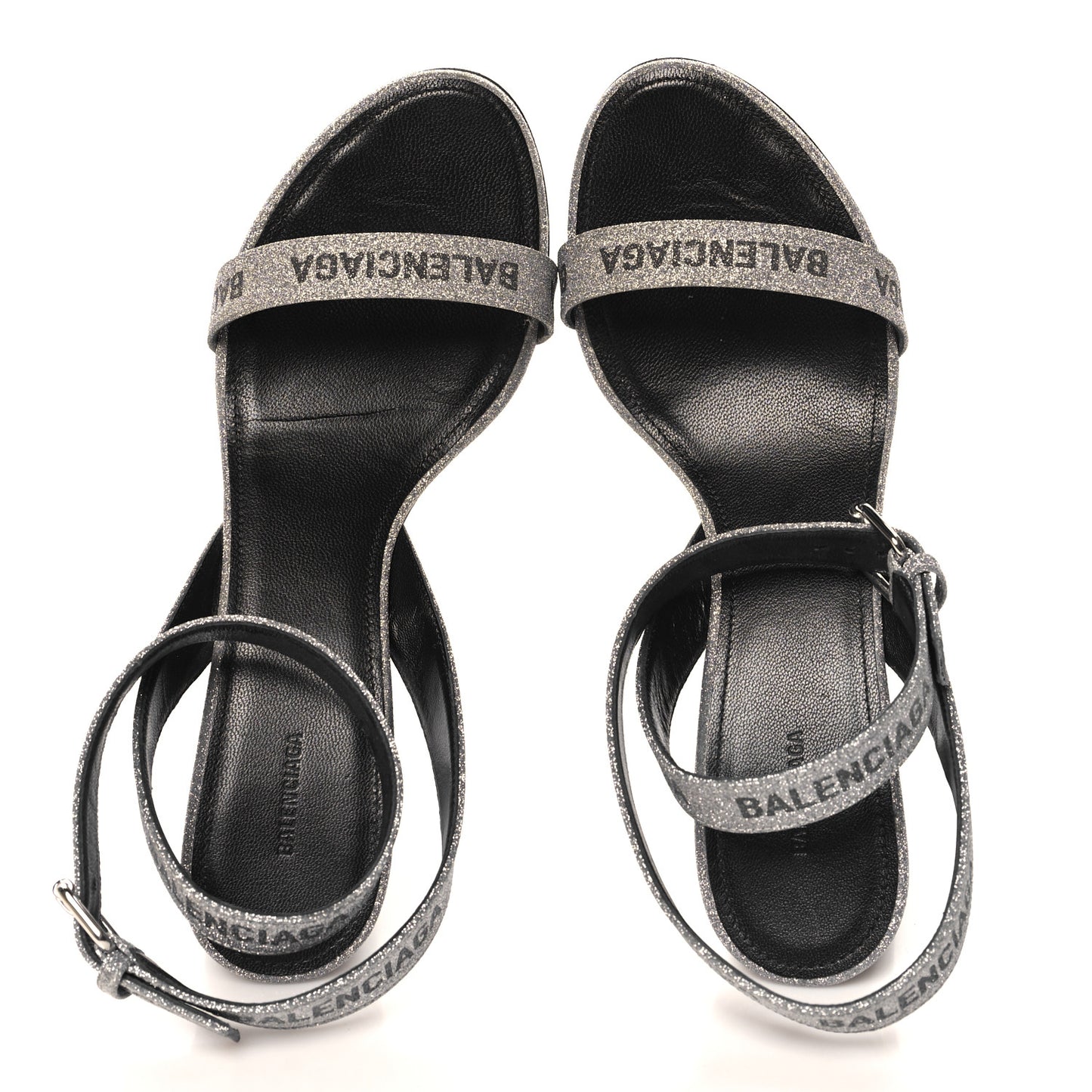 Glitter Allover Logo Ankle Strap Round Heel 80mm Sandals 38 Silver Black