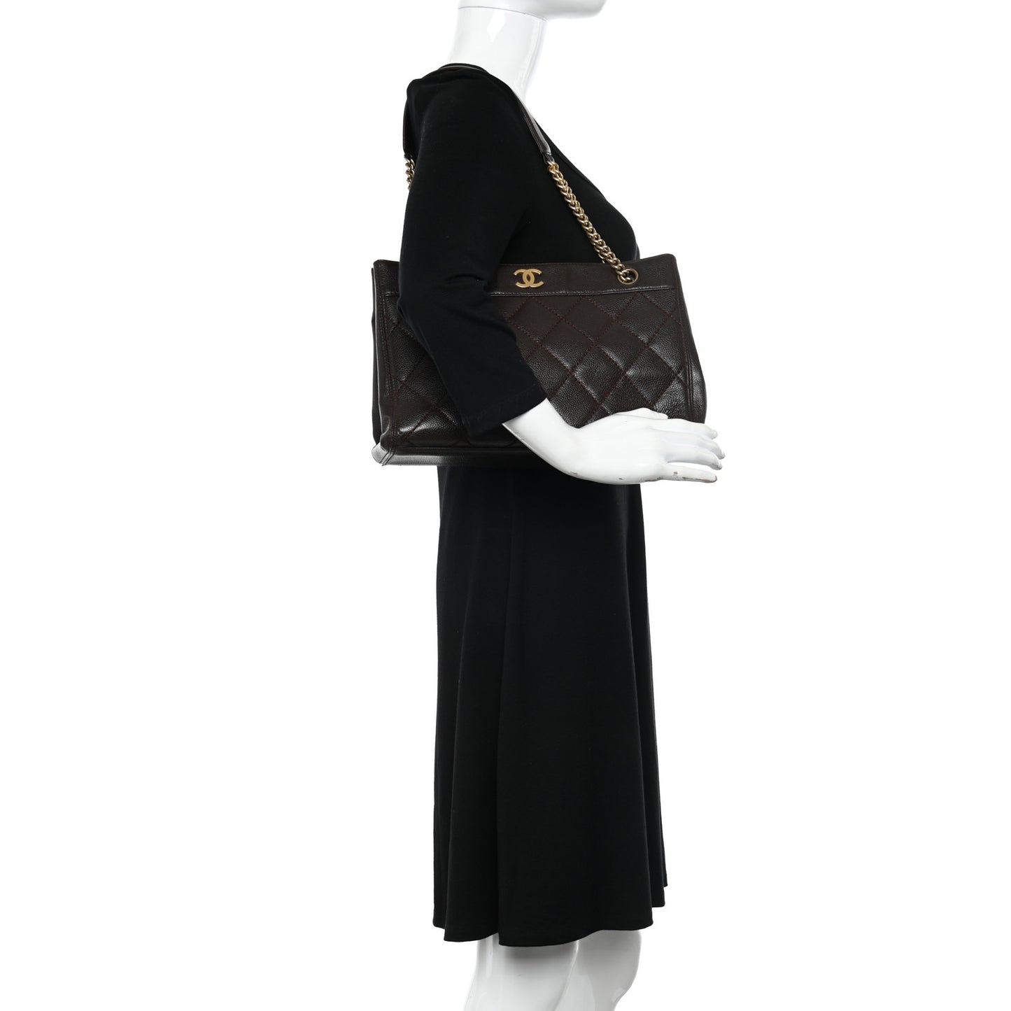 Caviar Quilted Shopping Tote Dark Brown