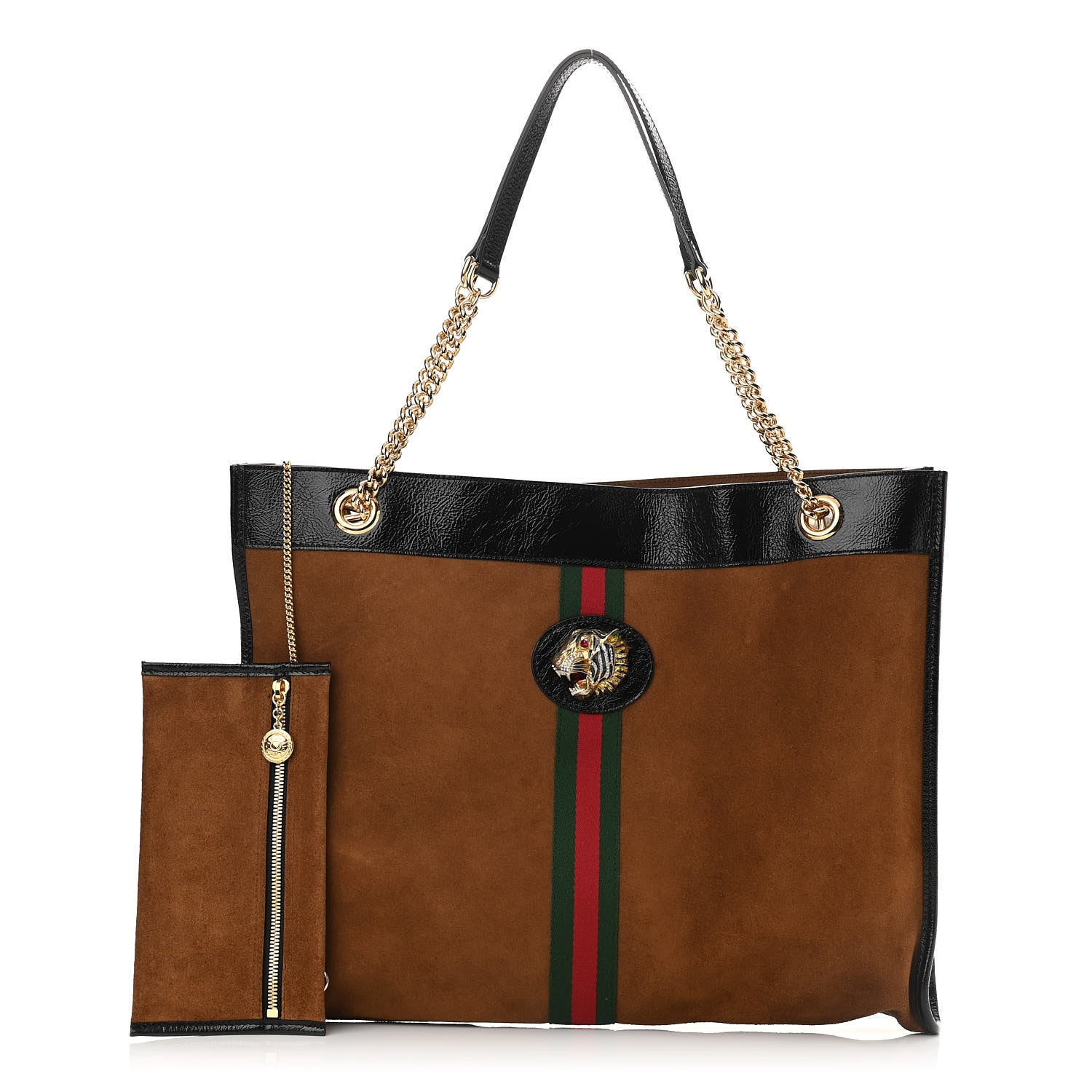 Gucci Suede Patent Large Rajah Chain Tote Nocciola Black 2 of 19