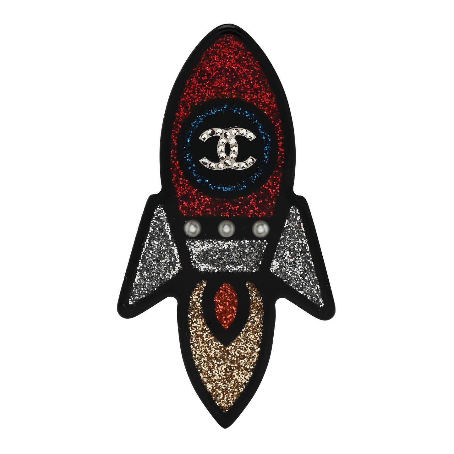 Glittered Resin Pearl CC Rocket Brooch Multicolor