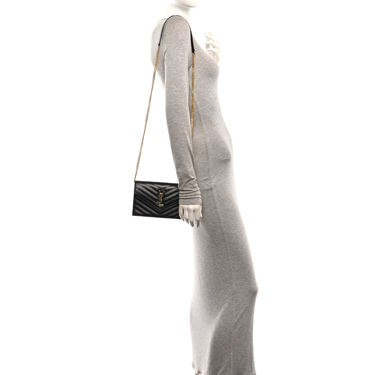 Saint Laurent Grain De Poudre Matelasse Chevron Monogram Envelope Chain Wallet Black 2 of 11
