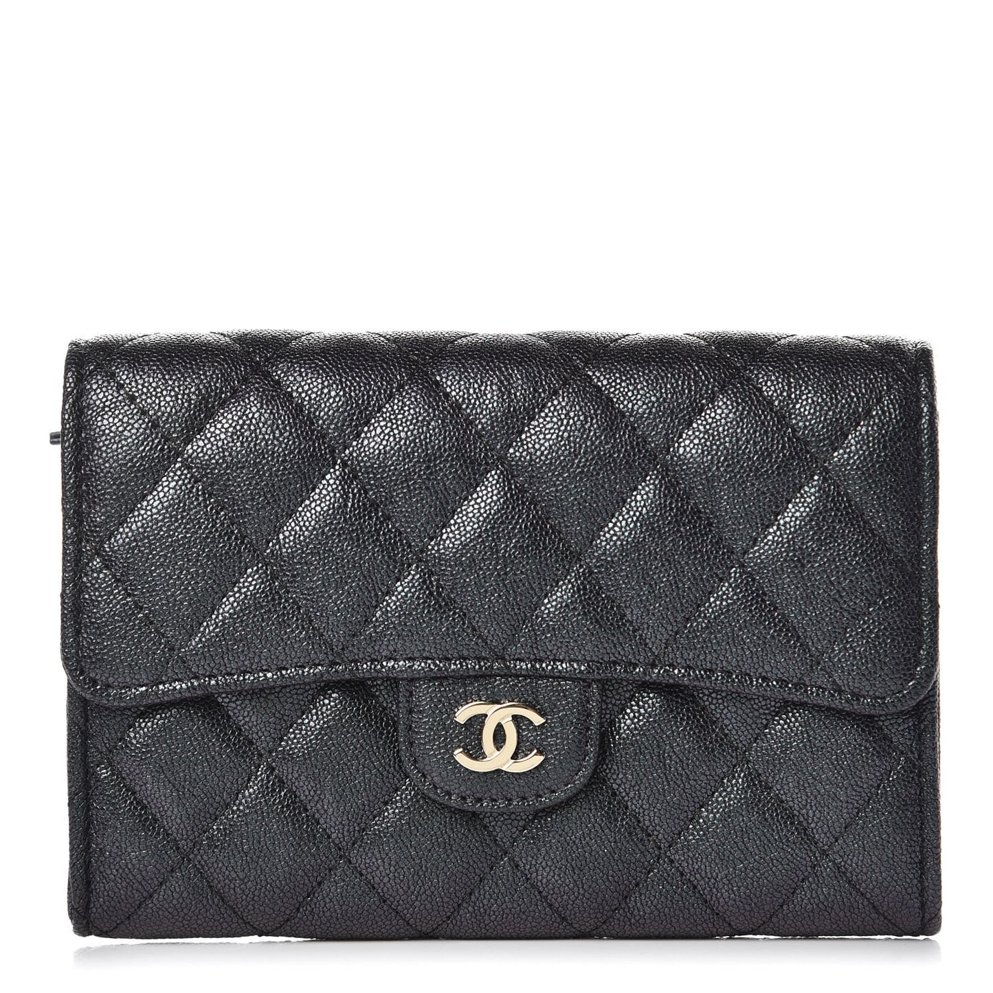 Iridescent Caviar Quilted Medium Flap Wallet Black