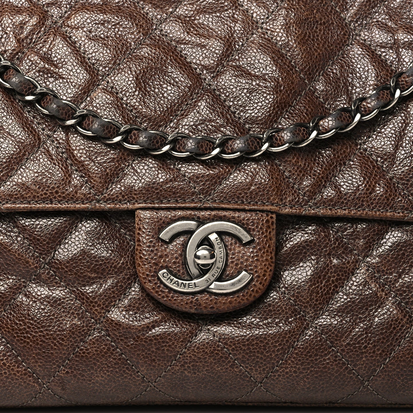 Crumpled Grained Calfskin Jumbo CC Crave Flap Brown