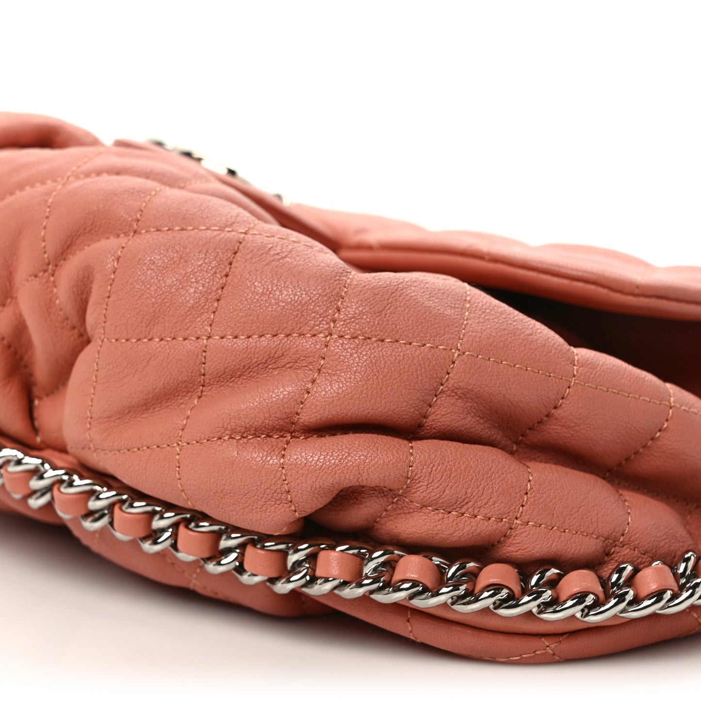 Washed Lambskin Quilted Large Chain Around Flap Coral
