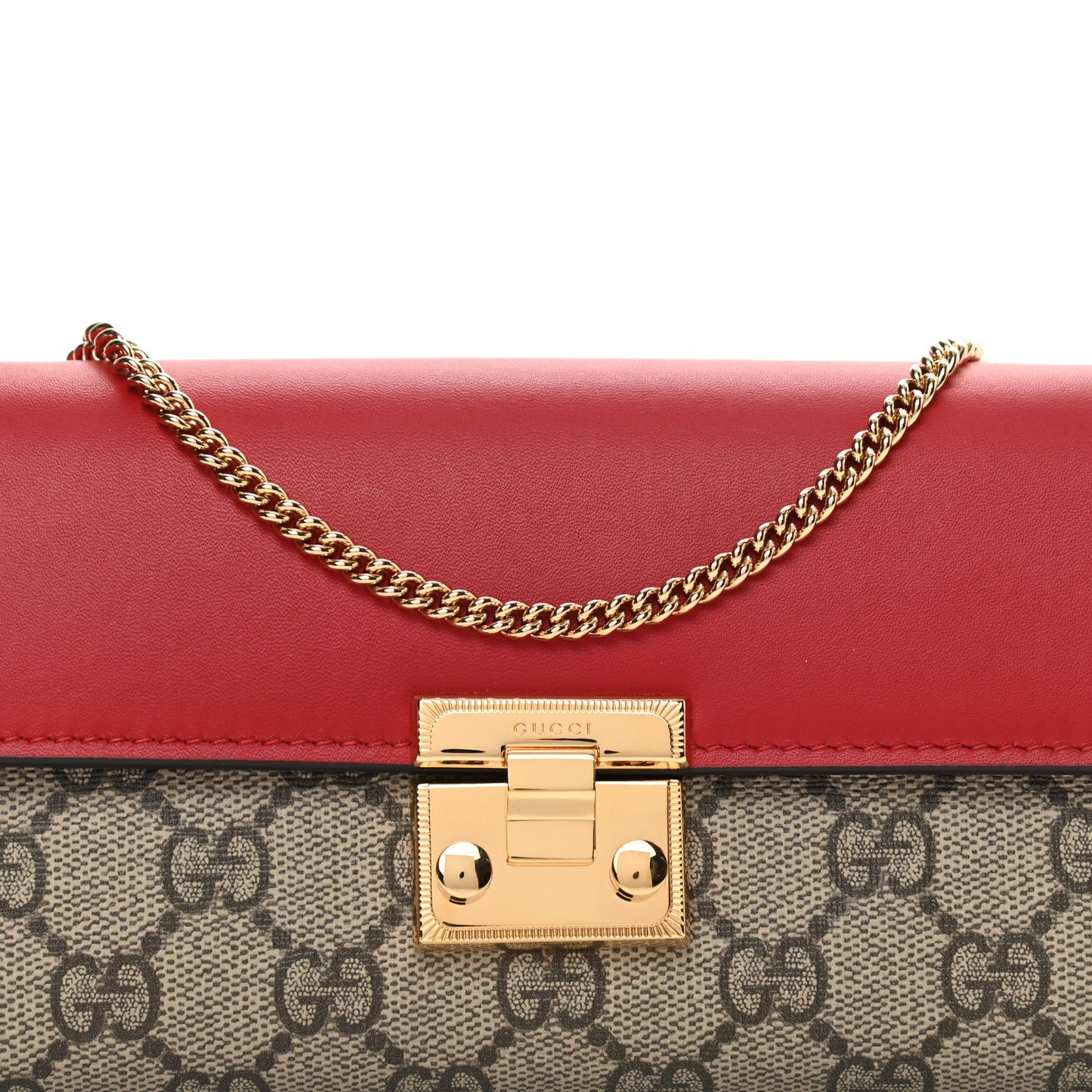 GG Supreme Monogram Moon Calfskin Padlock Continental Chain Wallet Beige Ebony Hibiscus Red New Rosette