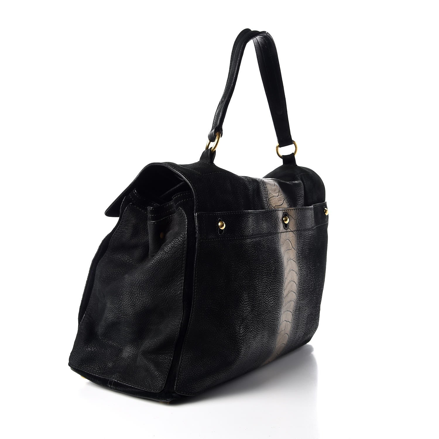 Saint Laurent Nubuck Croc Embossed Large Muse Two Black Gold 3 of 8