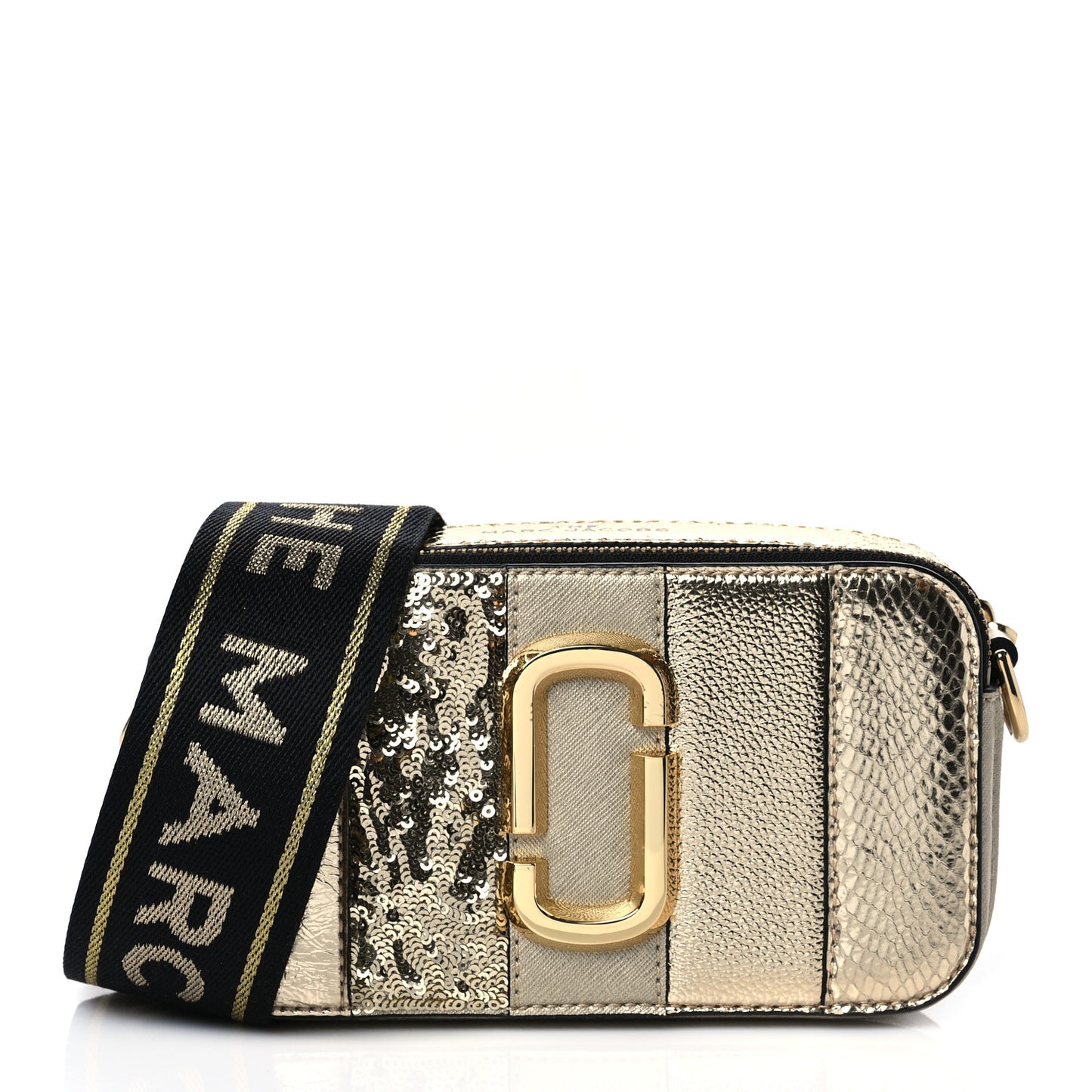 Metallic Sequin Snake Embossed Calfskin Stripe Snapshot Camera Bag Gold