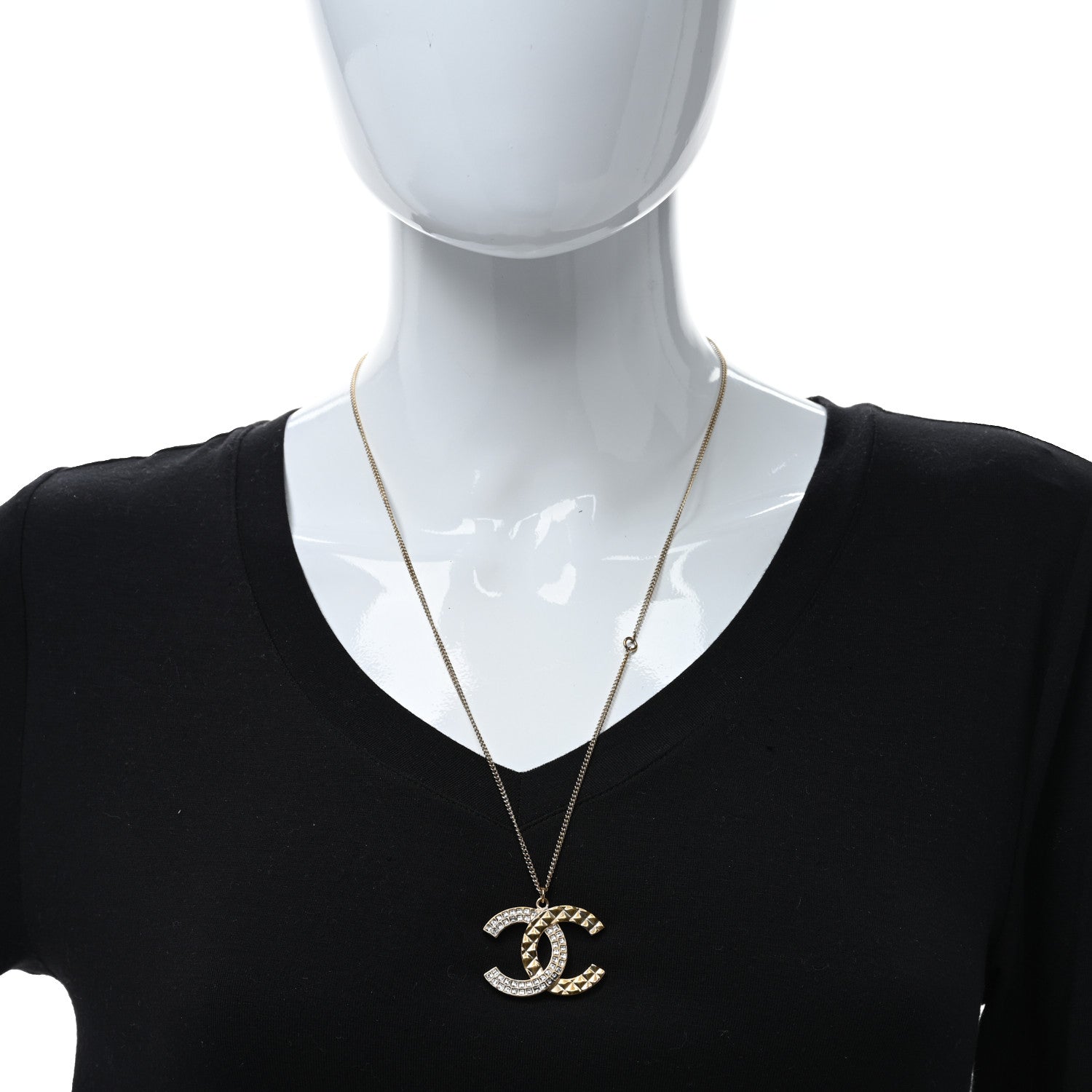 Chanel Crystal Metal Quilted CC Pendant Necklace Gold 2 of 4