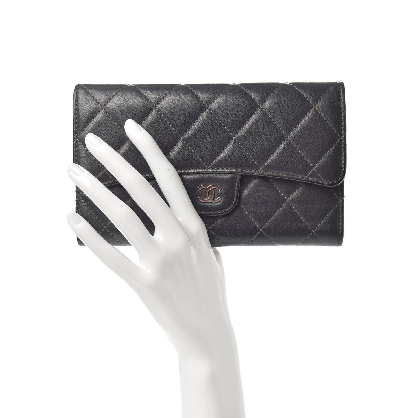 Lambskin Quilted Large Flap Wallet Grey