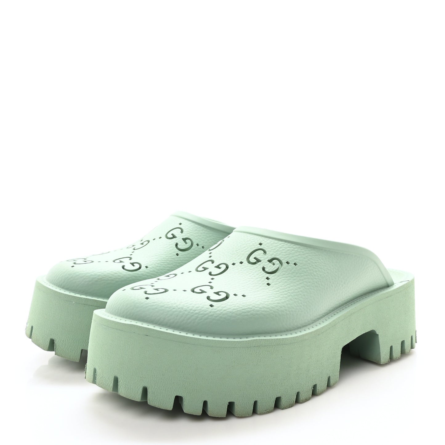 Rubber GG Monogram Perforated Elea Platform 55mm Lug Sole Sandals 40 Pacific Green
