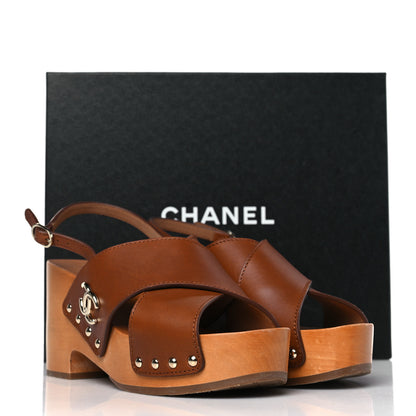 Chanel Calfskin Studded Slingback Clog Sandals 37 Dark Brown 9 of 9