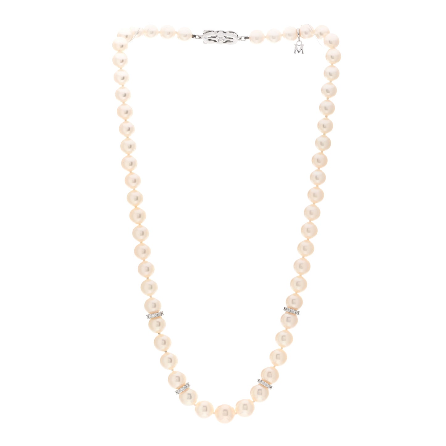 18K White Gold Diamond Akoya Pearl 7-9mm Graduated Strand Rondelle Necklace