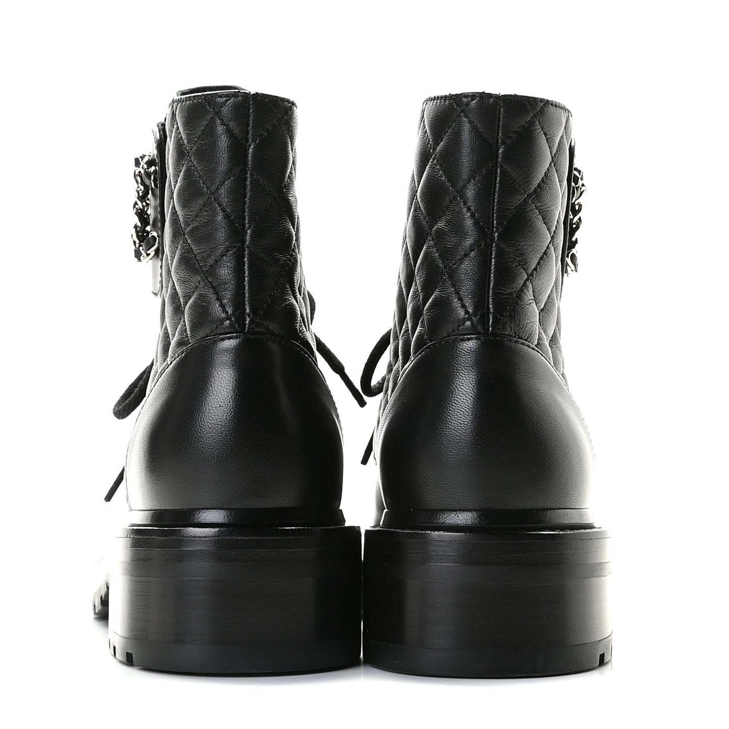 Shiny Lambskin Quilted Lace Up Combat Boots 36 Black