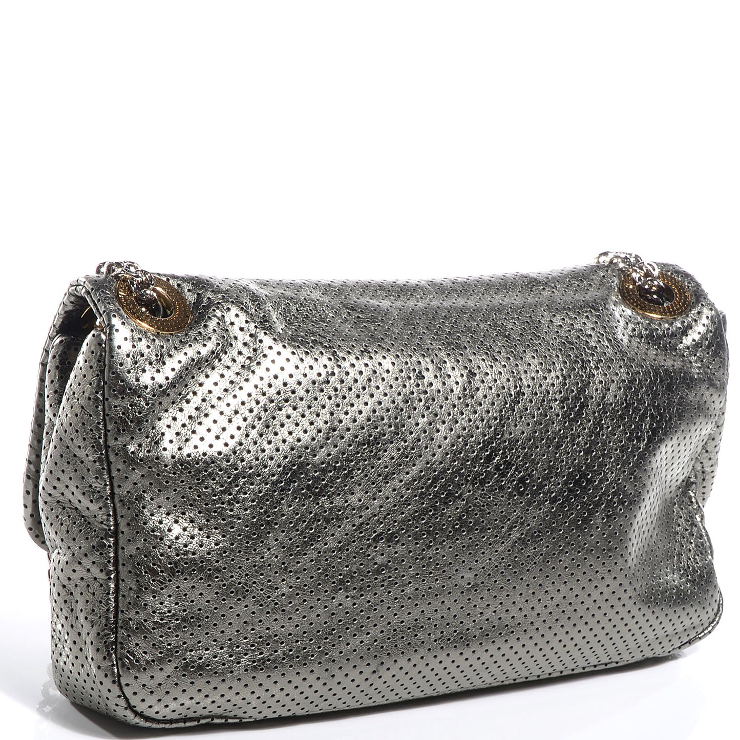 Metallic Crackled Calfskin Perforated Large Drill Flap Silver