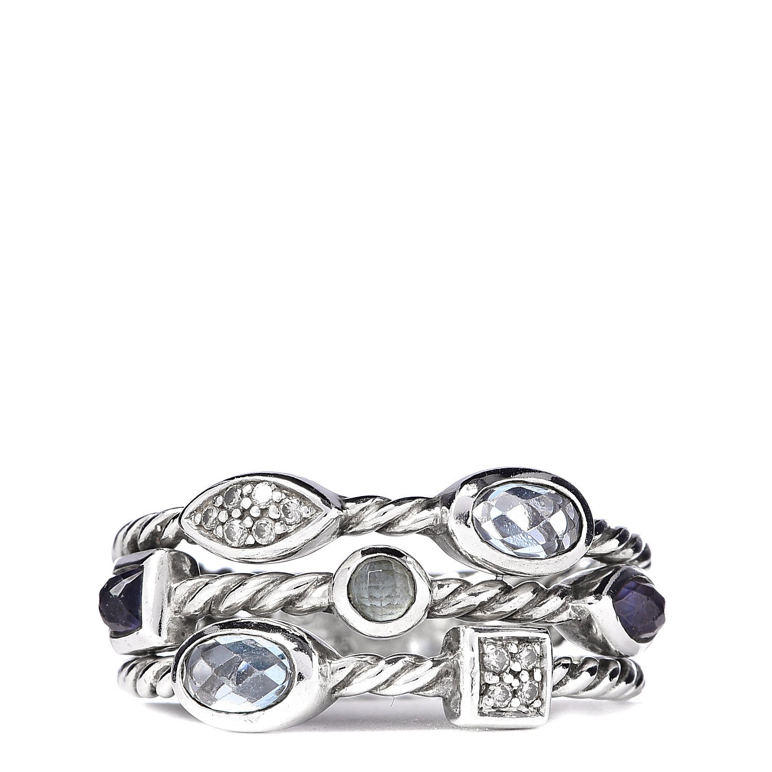 David Yurman Sterling Silver Diamond Iolite Blue Topaz Confetti 3 Row Ring 54 7 1 of 5