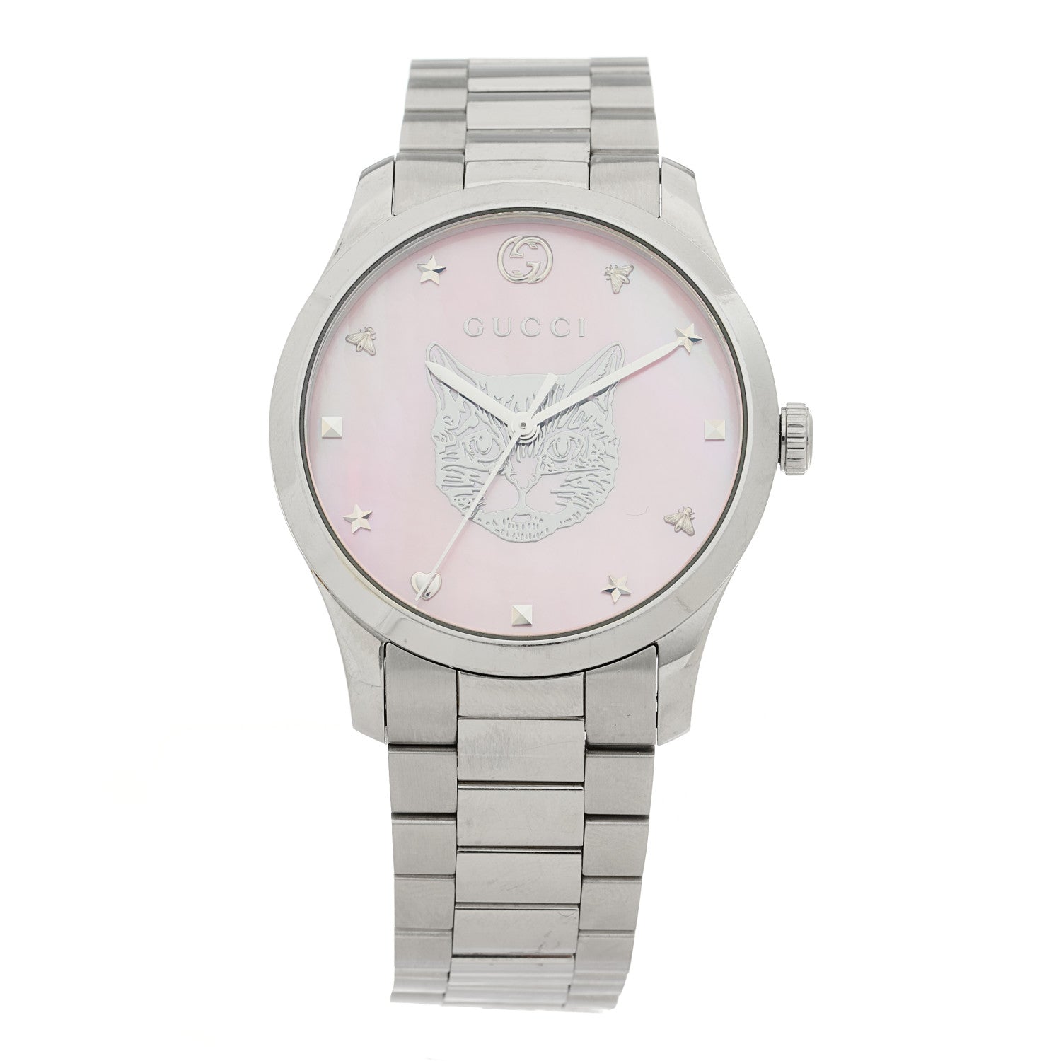 Gucci Stainless Steel Pink Mother of Pearl 38mm G-Timeless Cat Quartz Watch 1 of 4