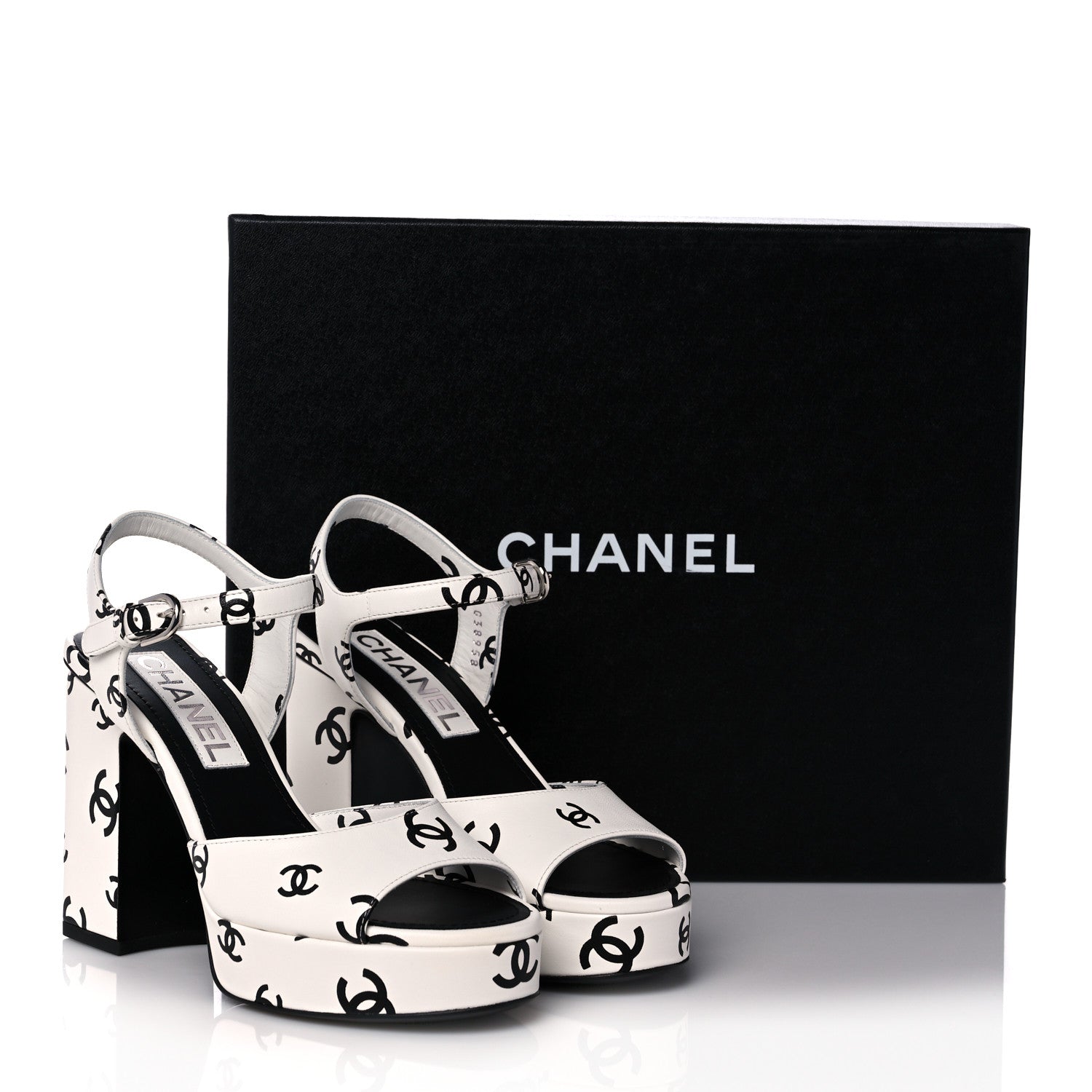 Chanel Printed Lambskin CC Platform Sandals 35 White Black 9 of 9