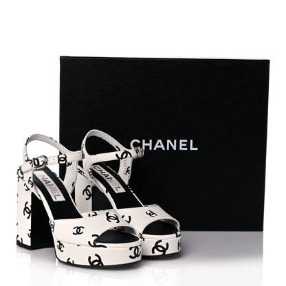 Chanel Printed Lambskin CC Platform Sandals 35 White Black 9 of 9