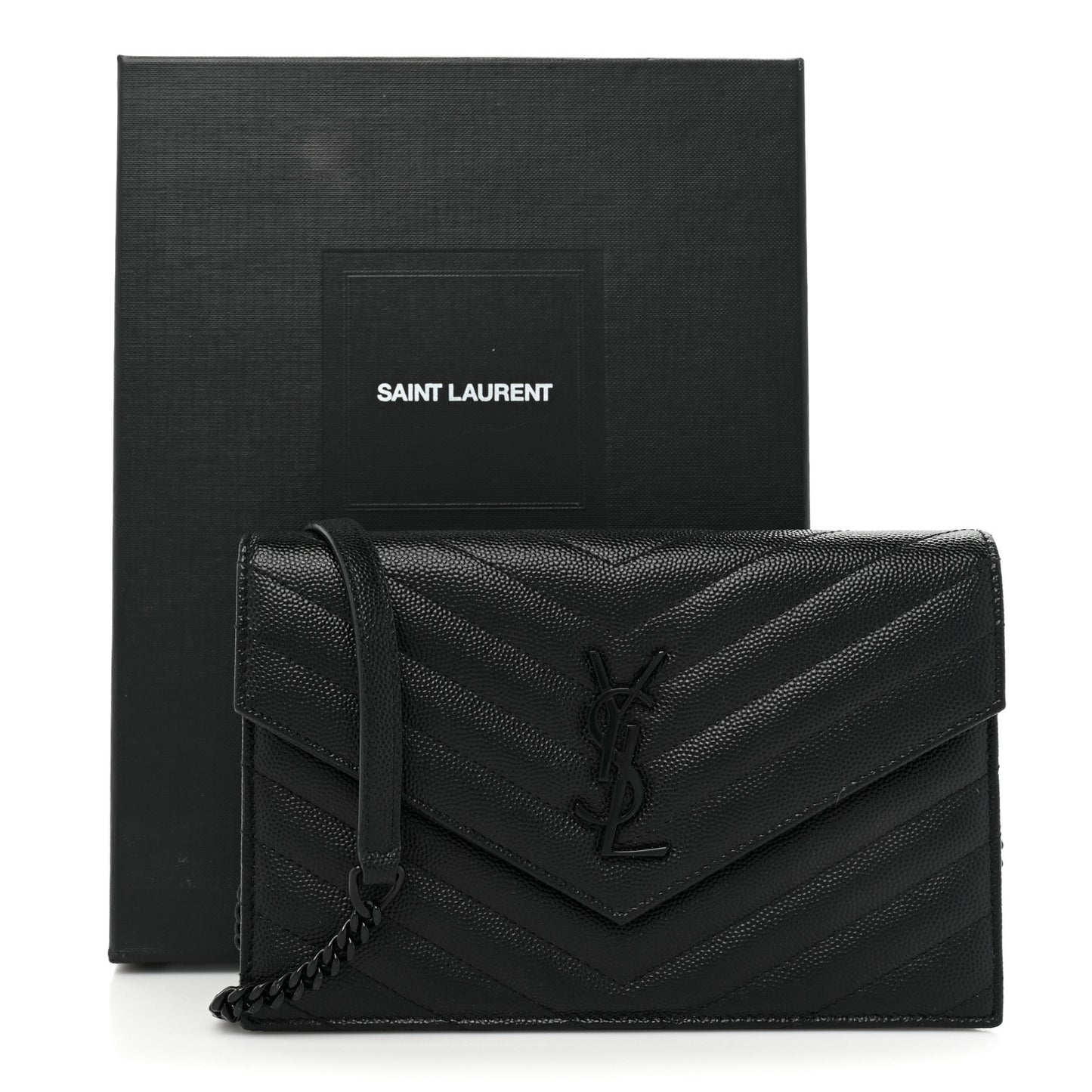 Grain De Poudre Matelasse Chevron Monogram Monochrome Envelope Chain Wallet Black