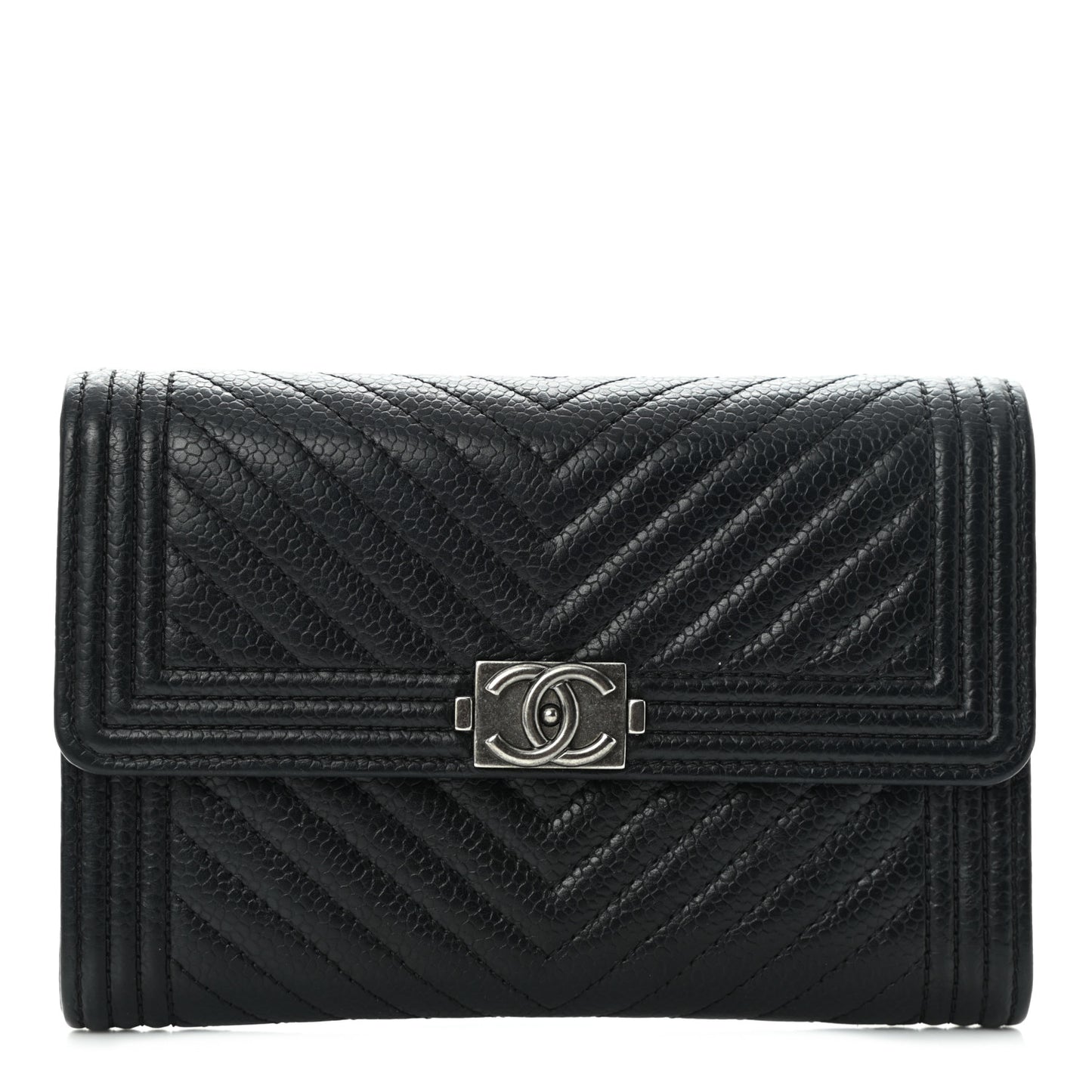 Caviar Chevron Quilted Medium Boy Flap Wallet Black