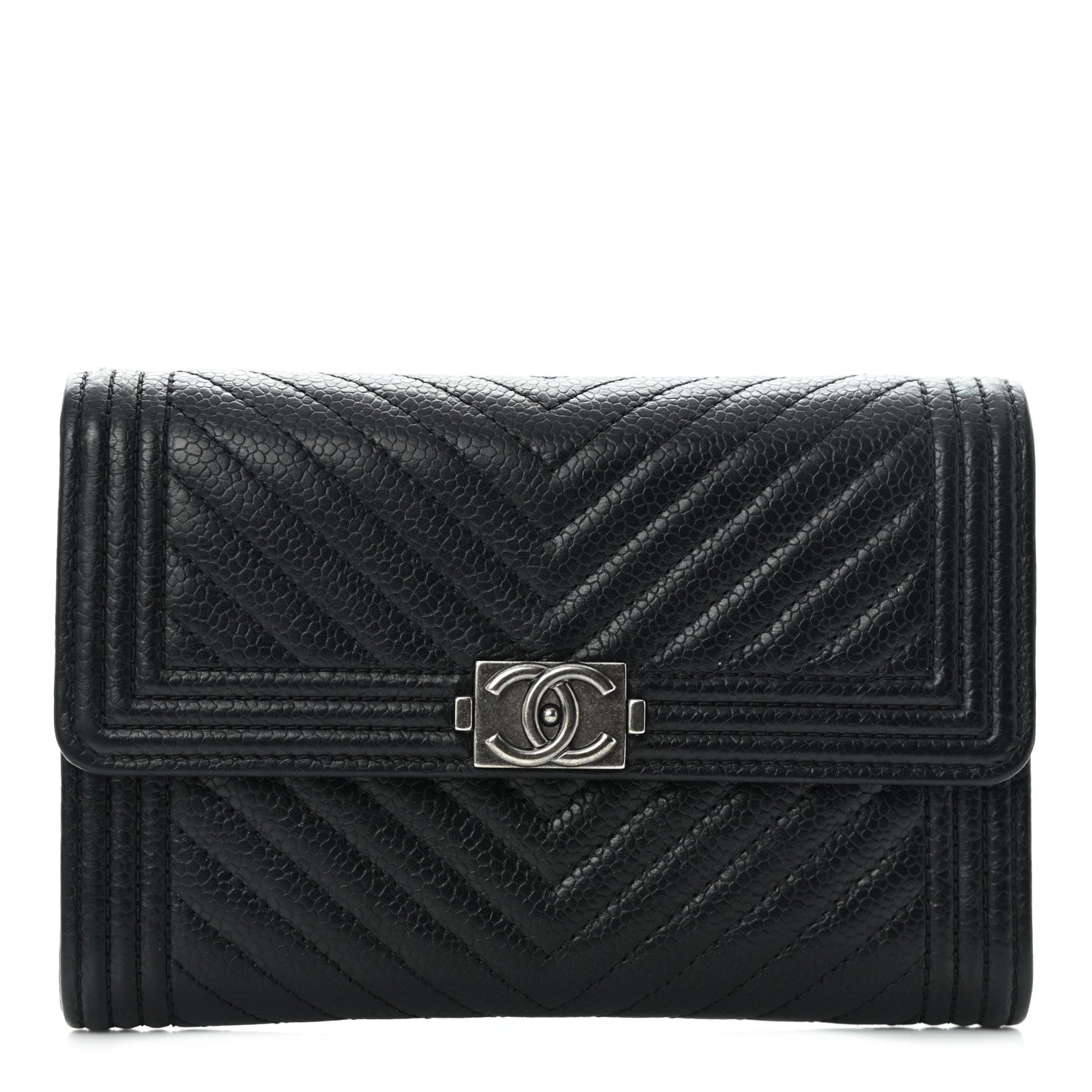 Chanel Caviar Chevron Quilted Medium Boy Flap Wallet Black 1 of 11